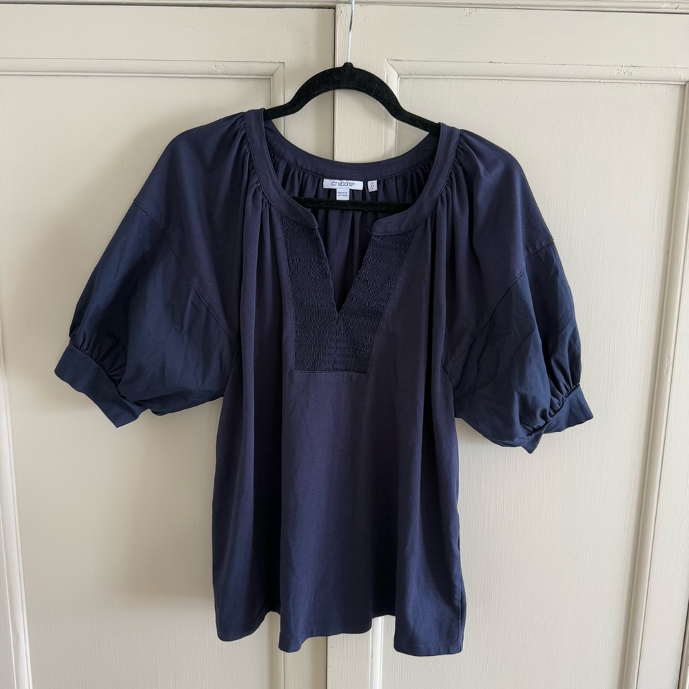 Chico’s Navy Cotton Combo Pintuck Puff Sleeve Blouse Size 2 Large